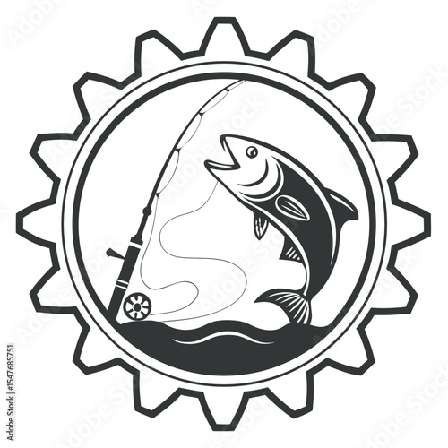 Gear shaped fishing logo design with fish and rod