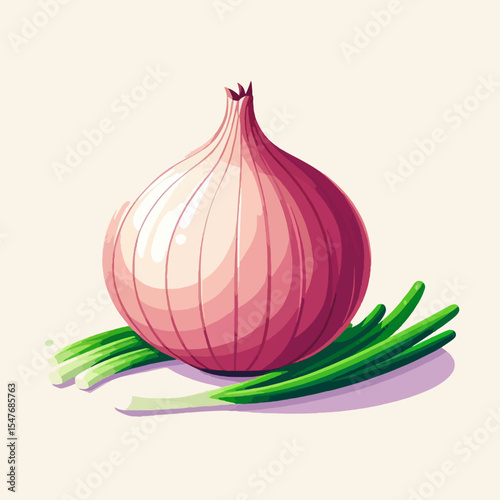 Digital illustration shows a pink onion with green onions. The image is presented against a light background with soft shadows.