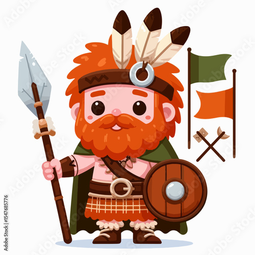 Digitally rendered image of a cartoonish chieftain figure, complete with traditional attire and accessories, including a plaid kilt, shield, spear, and feathers.