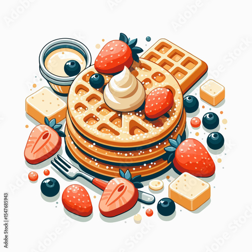 Vibrant illustration of a waffle stack, topped with whipped cream and fresh strawberries, blueberries and a drizzle of syrup, set against a white background.