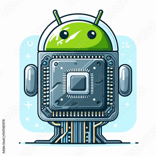 Cheerful robot figure, depicted as a stylized character with exposed circuit boards and a central processing unit, presented in a flat, modern illustration style.