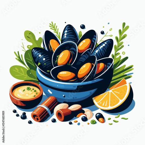 Vibrant graphic design of mussels in a bowl, surrounded by herbs, lemon, and various seasonings.  The image showcases a visual representation of a gourmet meal.