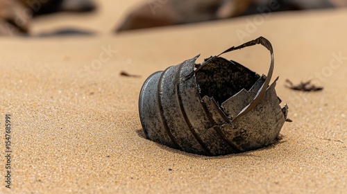 Rusted Bucket Abandoned on Sandy Beach Shoreline Under Clear Sky