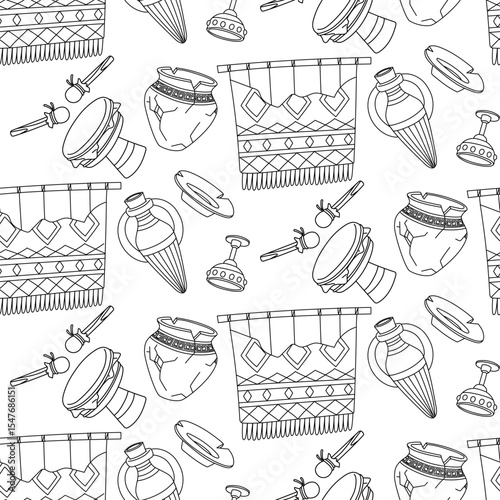 Pattern doodle museum artifacts. Jug, drum, carpet, dishes, cup. Human life activity. Suitable for designing websites, prints, books, children's and educational materials on history and culture
