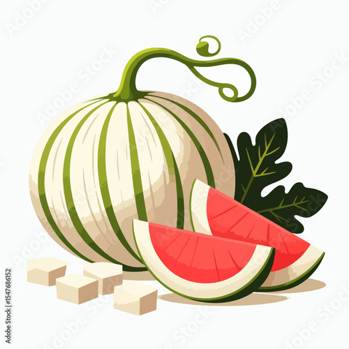 Digital graphic design of a whole watermelon and its cut pieces, creating a vibrant and detailed illustration of the fruit.