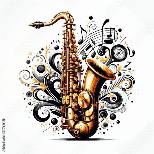 Golden saxophone is centrally placed in a design with musical notes and swirls.  Intricate details and patterns surround the musical instrument.