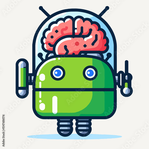 Vibrant, cartoonish illustration of a robot character, featuring a visible brain inside a transparent dome. The style is flat and simple, using bright colors and clean lines.