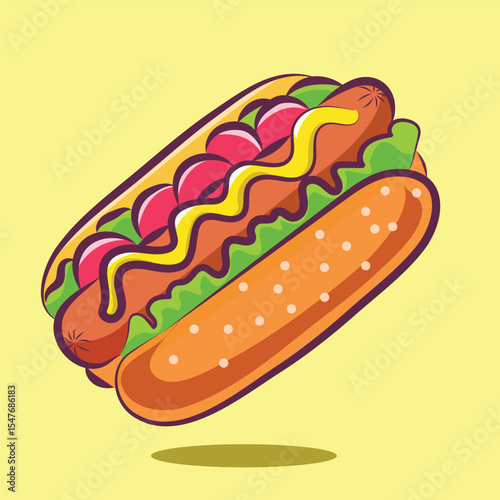 Hot dog vector illustration of fast food isolated on yellow background