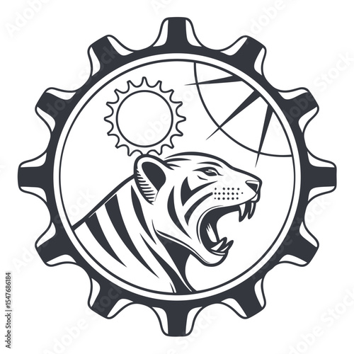 Powerful roaring tiger head within a gear sun design