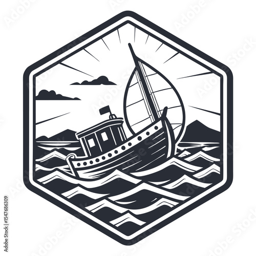 Vintage style sailing boat illustration in hexagon badge design