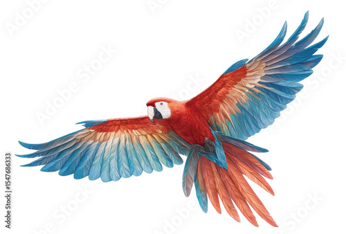 A vibrant macaw in mid-flight. showcasing its stunning red and blue feathers against a plain white background. symbolizing freedom and beauty in nature