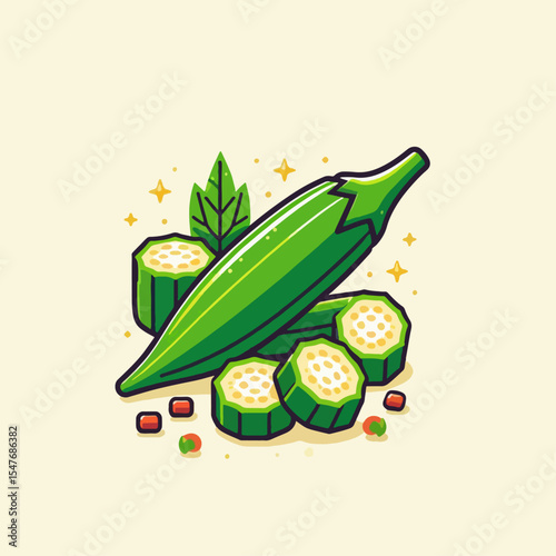 Vibrant illustration depicts a whole okra pod and sections with leafy accents and a light background.  The design is simple and eye-catching, emphasizing the vegetable.