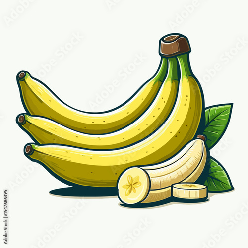 Colorful graphic design of a bunch of bananas and pieces of sliced banana, featuring vibrant yellow and green hues, with detailed outlines and a simple style.