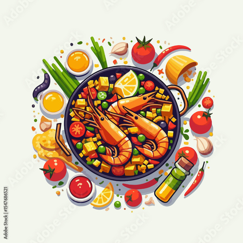Vibrant illustration of paella, highlighting the dish's ingredients in a circular arrangement against a light background.  The shrimp and vegetables are central.