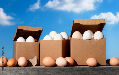 Boxes with eggs. Ten eggs on a blue background. Large boxes eggs. Farm home chicken eggs. Raw organik farm eggs