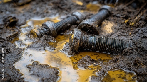 Rusty Bolts in Muddy Ground with Oil Puddle Detail Close-Up