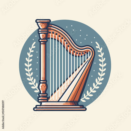 Stylized, outlined harp image set in a circle, with decorative flourishes.
