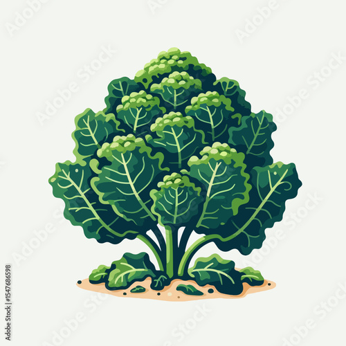 Digitally created, colorful illustration of a large, leafy plant, seemingly a type of leafy vegetable. The plant is situated on a bed of light tan soil against a light gray background.