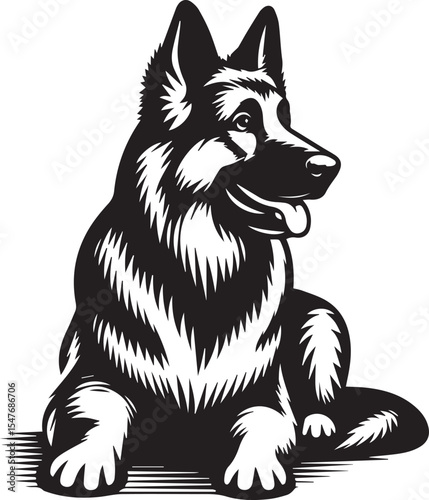 German Shepherd Dog Silhouette Vector | Black and White Illustration	