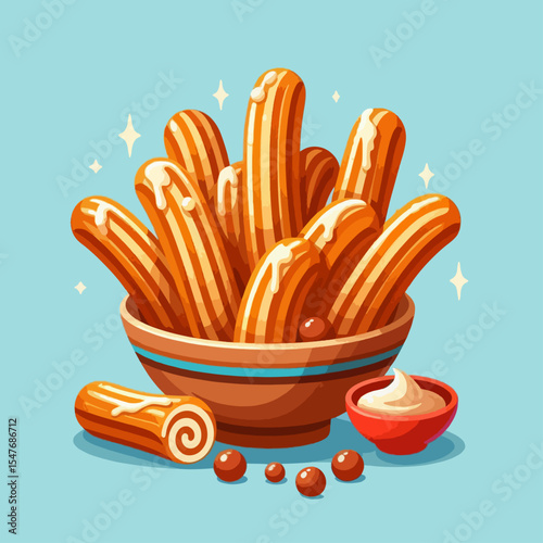Cartoon illustration of a bowl filled with churros, drizzled with caramel sauce,  accompanied by a small dipping sauce and chocolate sprinkles, set against a light blue background.
