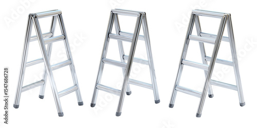 Set of three silver metal step ladders