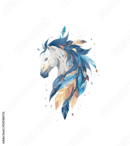A vibrant and artistic depiction of a horse's head adorned with colorful feathers. set against a clean white background. showcasing creativity and elegance. ideal for artistic projects or animal-the