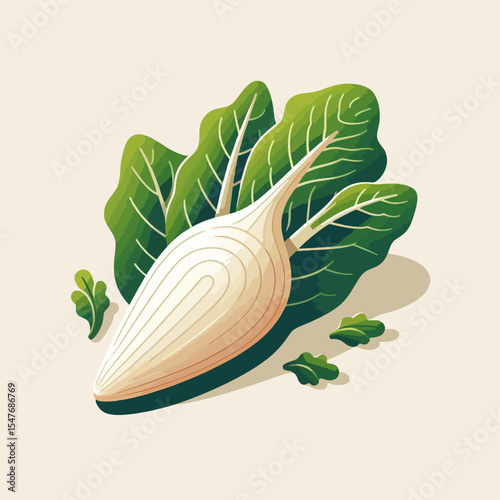 Colorful, detailed illustration of a vegetable root with verdant leaves. The image is presented on a pale backdrop, creating a visually appealing graphic design.