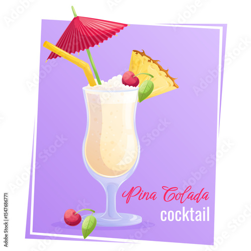 Pina colada cocktail in a glass, pineapple slice, cherry, umbrella, on a purple background. The concept of a party, cocktail bar, summer. Isolated vector illustration for menu design, posters, banners