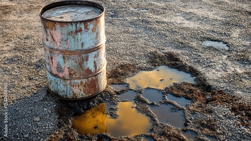Rusty Industrial Barrel with Oil Spill on Gravel Surface