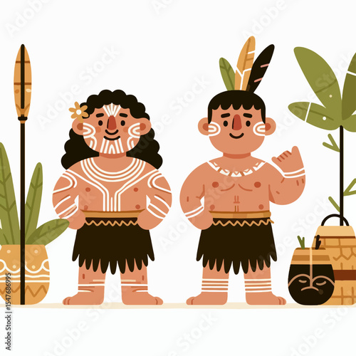 Digital illustration of two stylized figures in tribal attire, smiling and standing.  They are adorned with patterns and accessories, suggesting a cultural depiction.