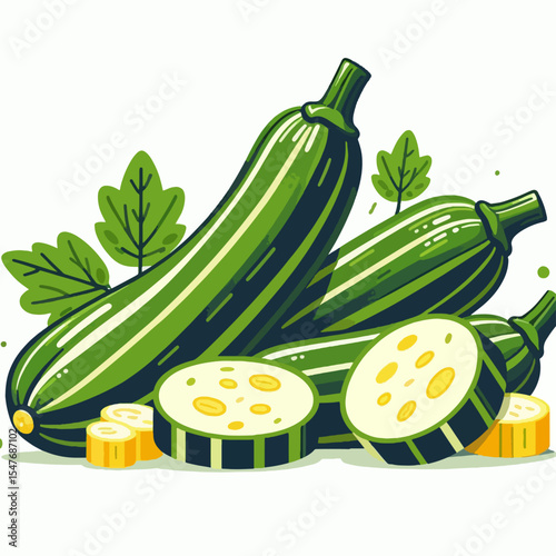 Vibrant graphic design featuring three whole zucchinis and their slices, arranged against a white background.  The illustration showcases the fresh and healthy appearance of the vegetable.