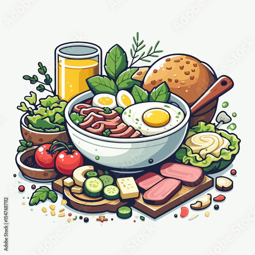 Vibrant graphic illustration of a complete meal, featuring a bowl of noodles, an assortment of fresh produce, and accompanying items such as bread and juice.