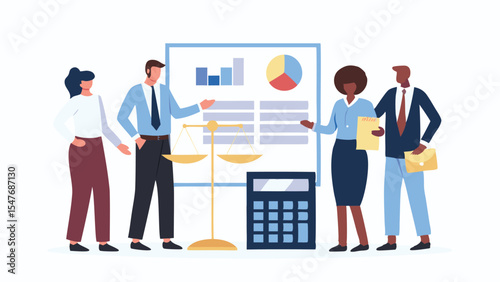 Group of professionals analyzing data with charts calculator and scales in a business setting scene