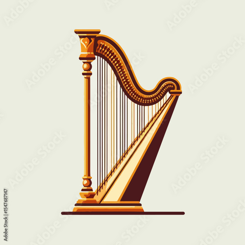 Stylized illustration of a golden harp, showcasing its intricate details and design elements.  The harp is presented in a profile view against a neutral background.