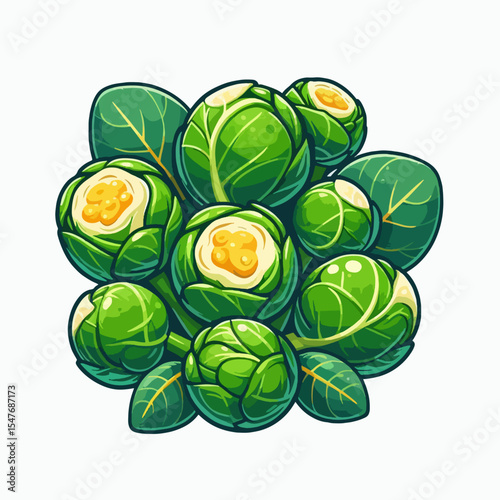 Stylized graphic illustration depicts a cluster of brussels sprouts with bright green leaves and yellow centers, arranged attractively against a white background.