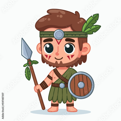 Stylized depiction of a young, smiling tribal warrior in a cartoonish style, holding a spear and shield.  He is dressed in traditional attire.
