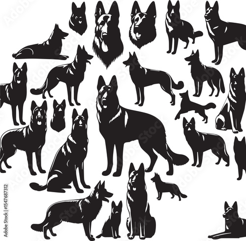 German Shepherd Dog Silhouette Vector | Black and White Illustration	
