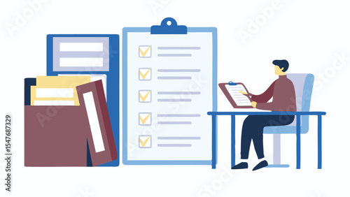 Man sitting at desk reviewing checklist with file cabinet in background office document organization