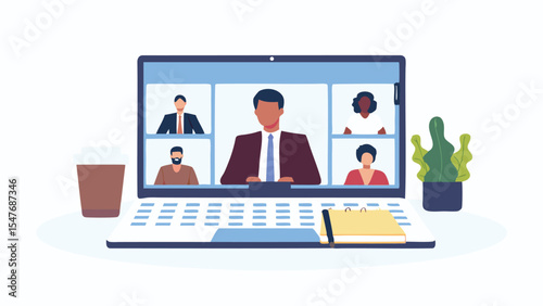 Illustration of a video conference call on a laptop with a coffee cup and plant on a white background