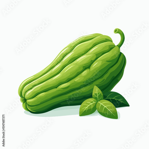 Vibrant, digital illustration of a single green vegetable, likely a chayote or similar gourd, with fresh leaves, presented in a clean, isolated background.