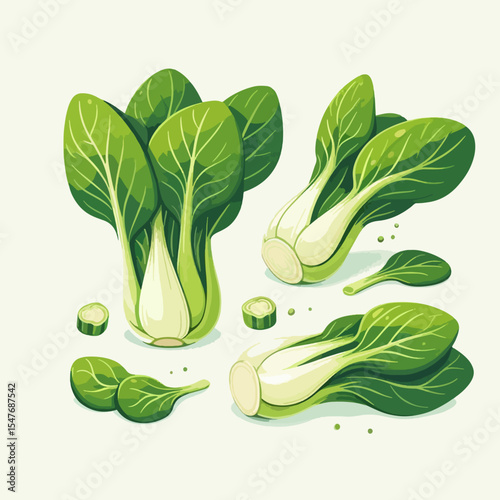 Vibrant display of bok choy heads and leaves, cut and whole, set against a light background,  emphasizing their fresh, healthy appearance.
