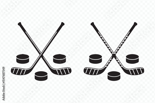 black and white silhouette of hockey sticks with puck, ideal for sports illustrations and ice hockey themed vectors