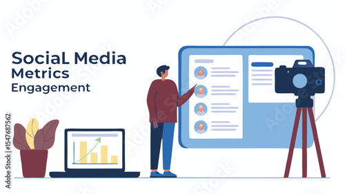 Illustration of a person presenting social media metrics with a laptop, camera, and engagement board