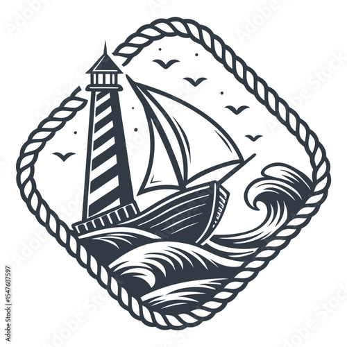 Nautical illustration of a sailboat and lighthouse in stormy seas