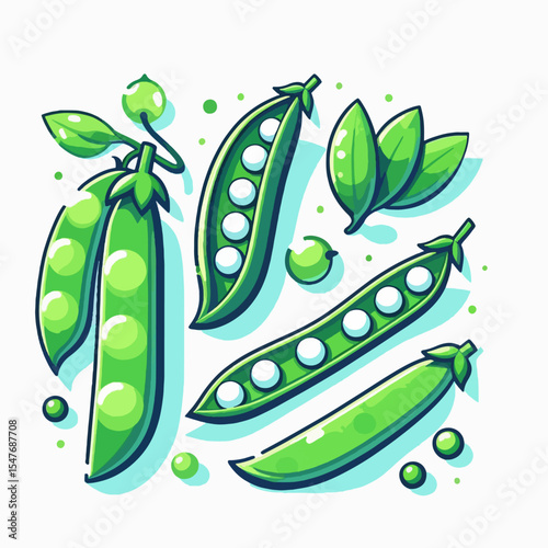 Colorful graphic design features various pea pods and peas, visually appealing for a food-related theme.