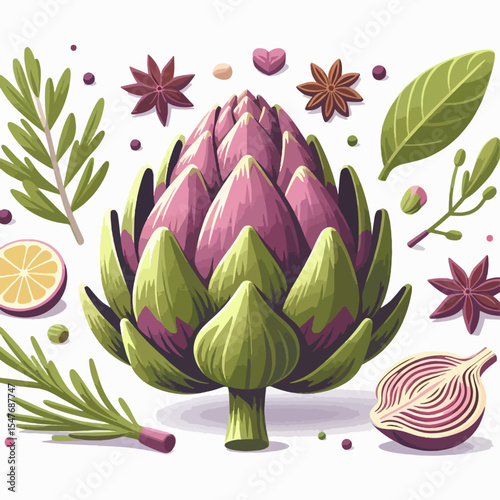 Detailed graphic illustration of an artichoke, surrounded by various culinary herbs and spices, with a white background.