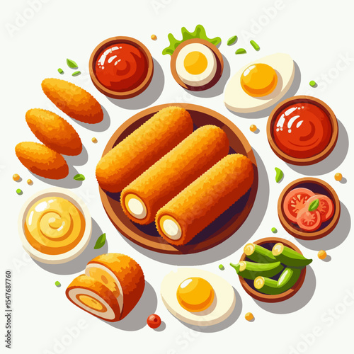Vibrant, flat, graphic illustration shows a circular arrangement of breakfast items.  Various components are displayed on a plate with sauces and vegetables.