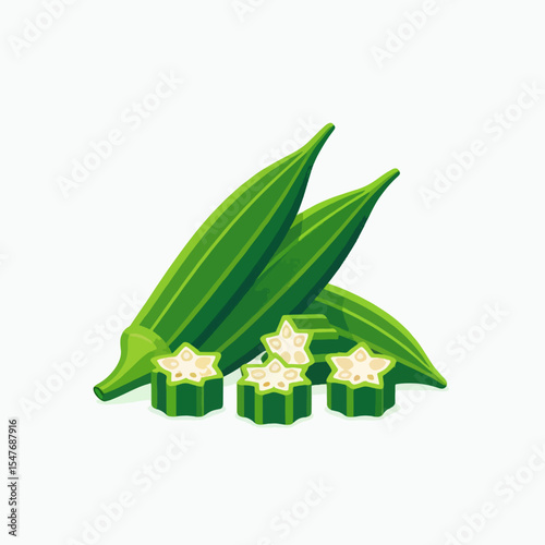 Digital illustration showcasing several whole and sliced okra pods, displayed against a white background.  The vibrant green pods and white interiors of the slices are highlighted.