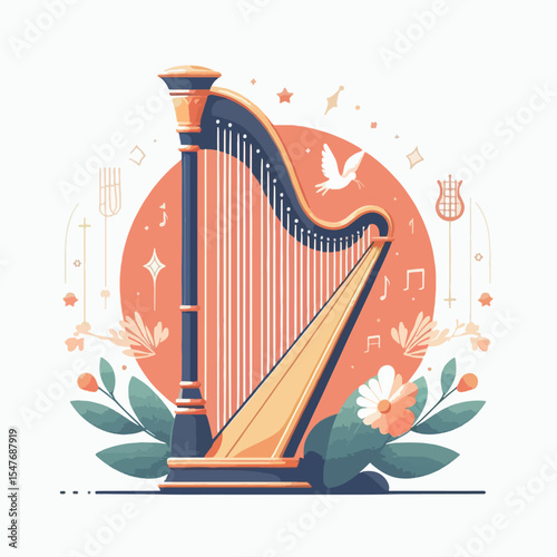 Visually appealing illustration of a harp, stylized in a flat design with pastel colors.  Floral and musical elements enhance the image's peaceful and harmonious aesthetic.