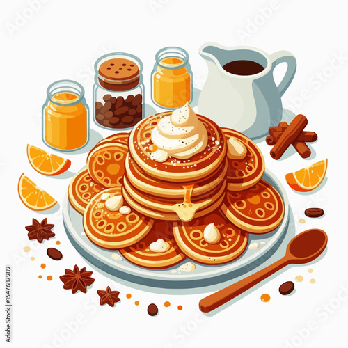 Detailed illustration of a stack of pancakes garnished with whipped cream, honey, and orange slices, accompanied by various spices and condiments.